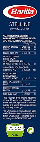 Voedingsinformatie voor Barilla Stelline pasta op verpakking