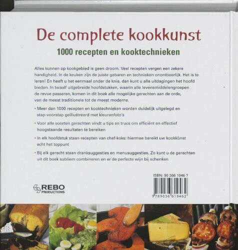 Achterkant van een kookboek met recepten en technieken.