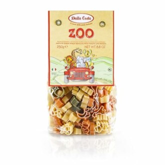 Verpakking met kleurrijke dierenvormige pasta van Dalla Costa.