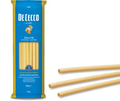 Verpakking De Cecco Zita pasta met enkele ongekookte buisvormige pasta's.