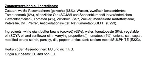 Ingrediëntenlijst van witte bonen in saus.