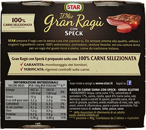 Achterkant van een Star Gran Ragu verpakking met voedingsinformatie en ingrediënten.